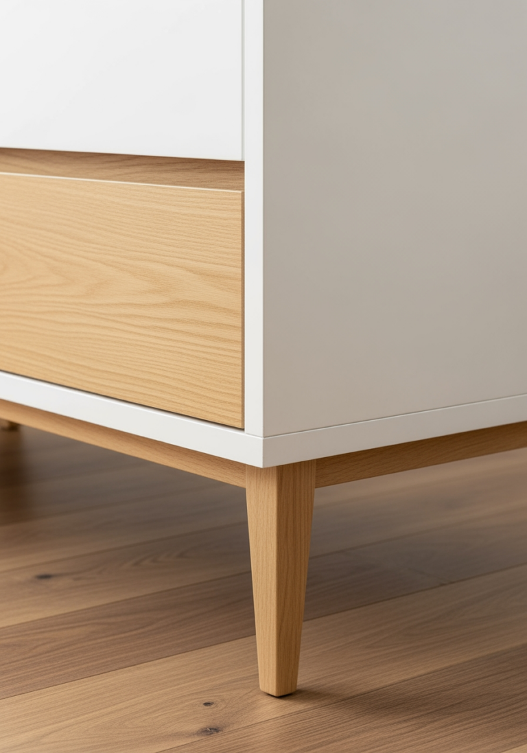 Gros plan sur les détails d'un meuble scandinave : un pied compas fin et le contraste entre le bois clair et la peinture blanche.