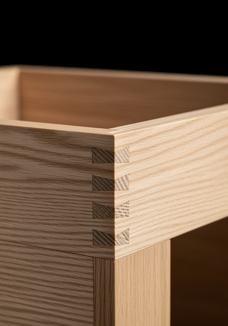 Gros plan sur un assemblage de bois en queue d'aronde, illustrant la qualité et le savoir-faire artisanal d'un meuble éthique.