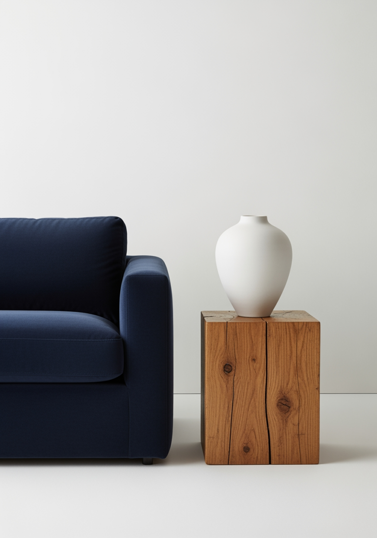 Gros plan sur un coin de pièce montrant le contraste harmonieux entre un fauteuil en velours, une table d'appoint en bois brut et un vase en céramique.
