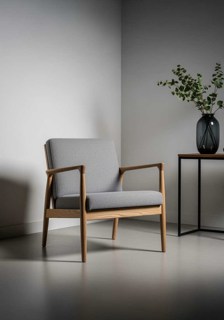Gros plan sur un fauteuil design en bois et tissu, exemple du savoir-faire d'une marque de mobilier français.