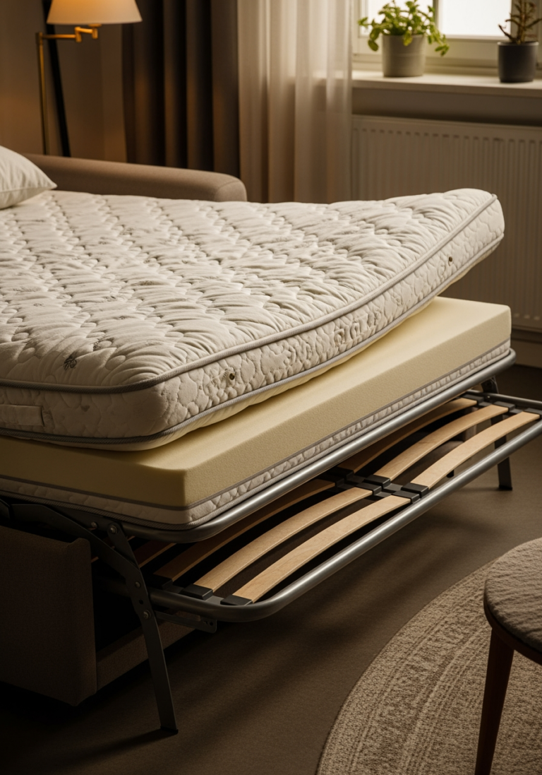 Gros plan sur un matelas de canapé-lit épais et de haute qualité, posé sur un sommier à lattes en bois.