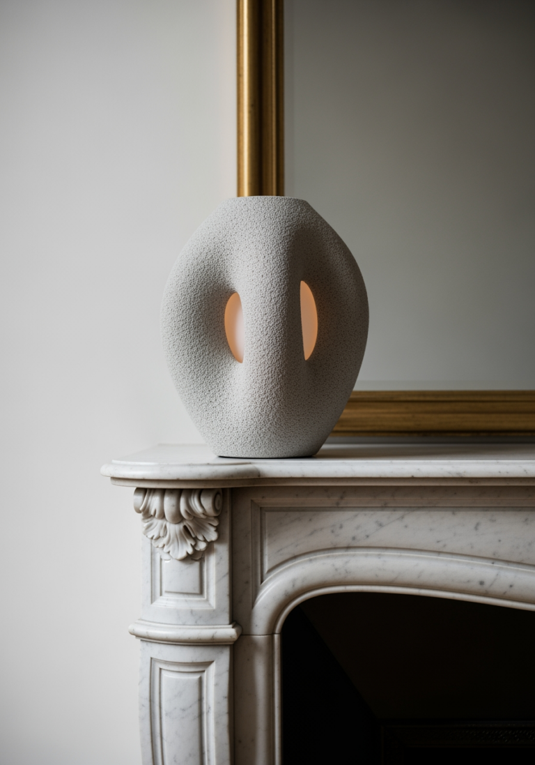 Gros plan sur un objet de décoration design 'Made in France', comme une lampe en céramique sculpturale, posée sur une cheminée en marbre.