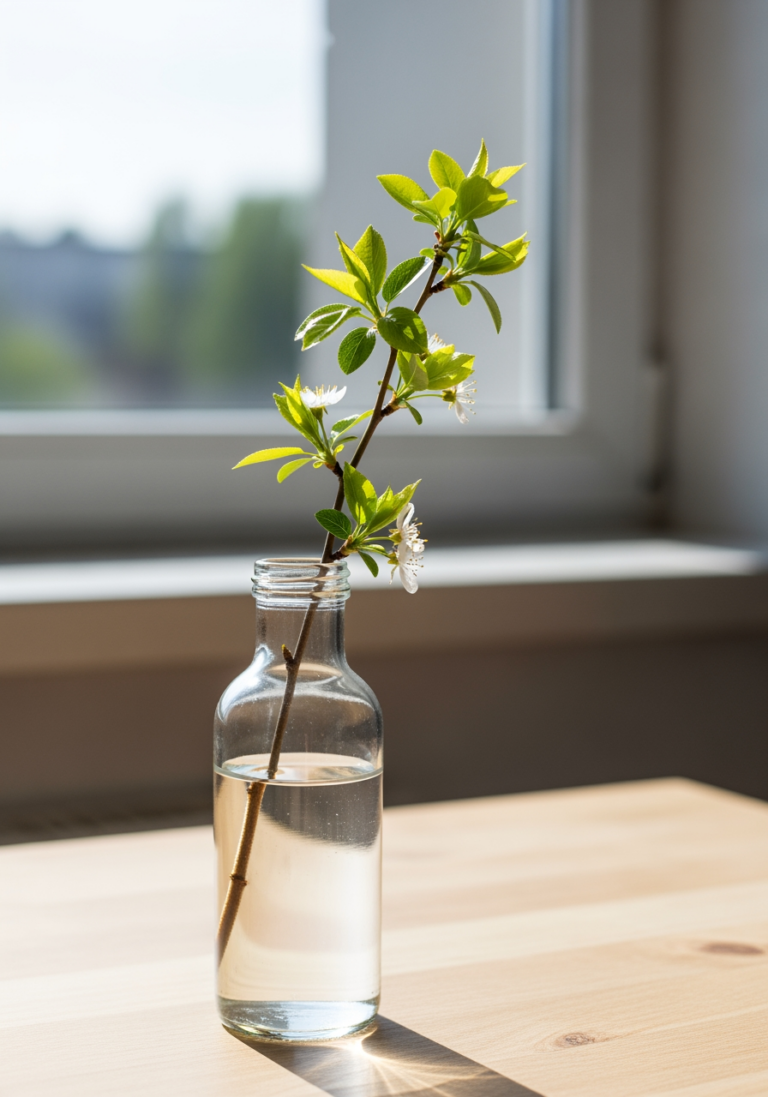 Gros plan sur une branche de printemps dans un vase en verre simple, symbolisant une décoration printanière fraîche et abordable.