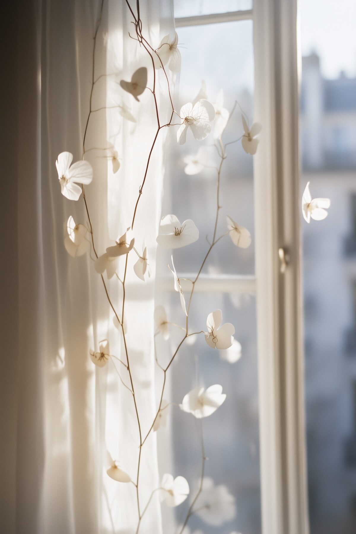 guirlande fleurs papier blanche printemps fenêtre délicates lumière