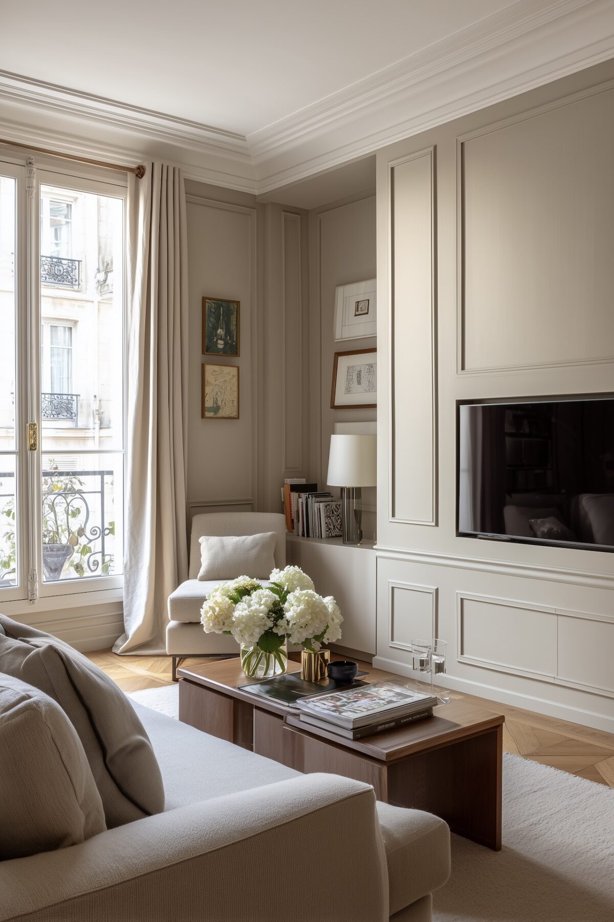 incrusté télévision mur moulures niches greige