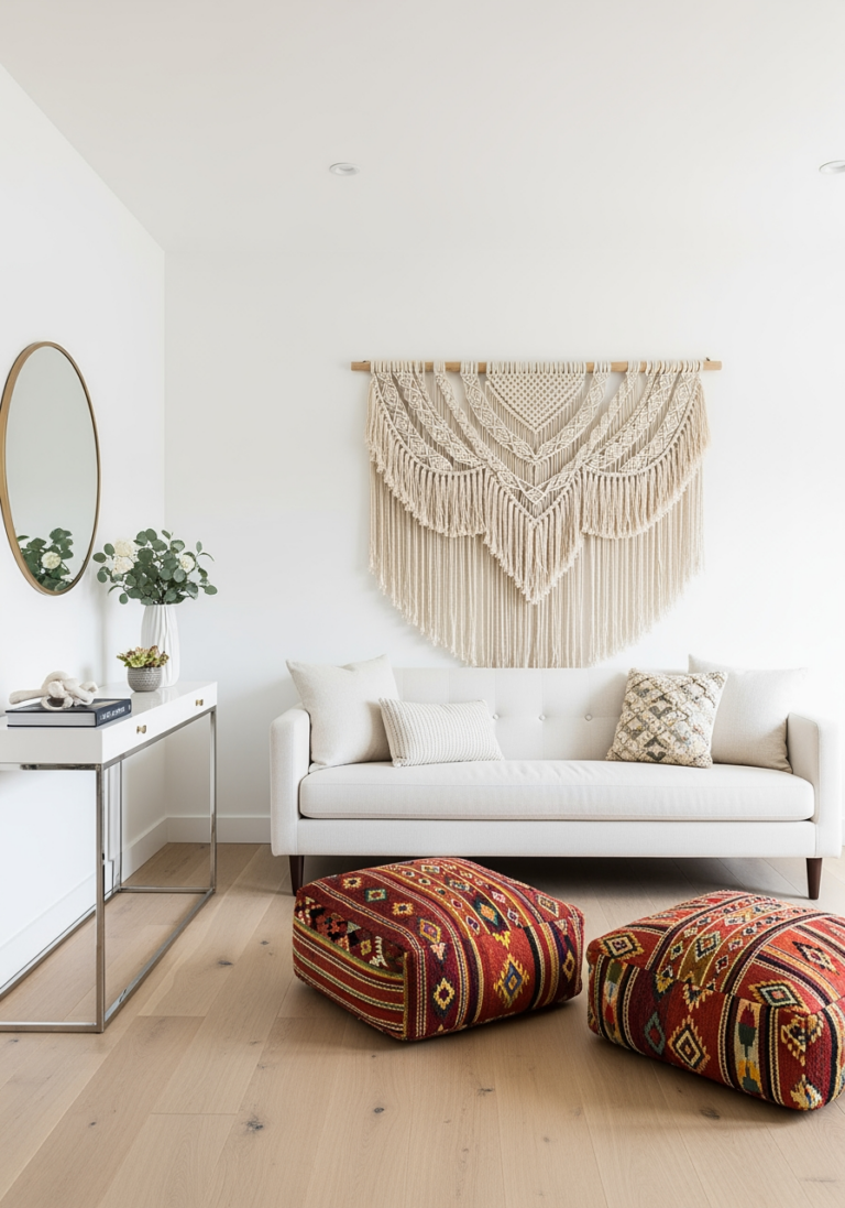 Intérieur moderne et minimaliste (80%) avec des touches de décoration bohème (20%) illustrant la règle du 80/20 pour un mélange de styles équilibré.