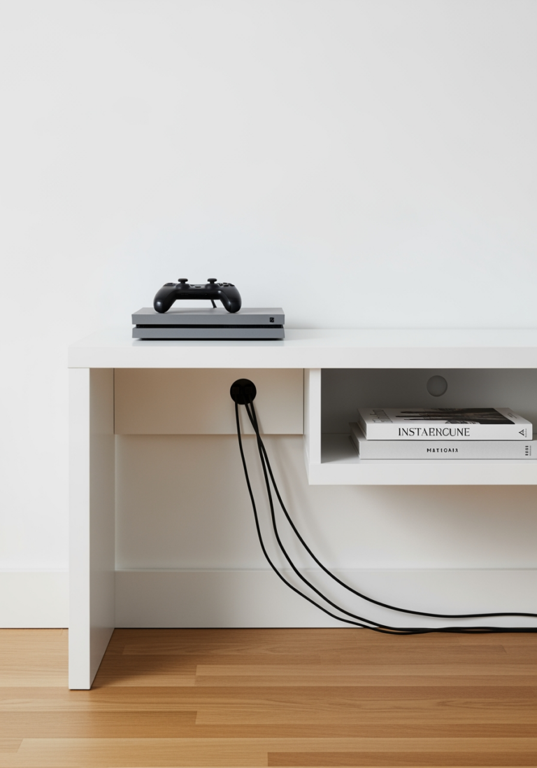 Le plan d'action finalisé : une console média parfaitement organisée où les câbles des appareils sont entièrement dissimulés.