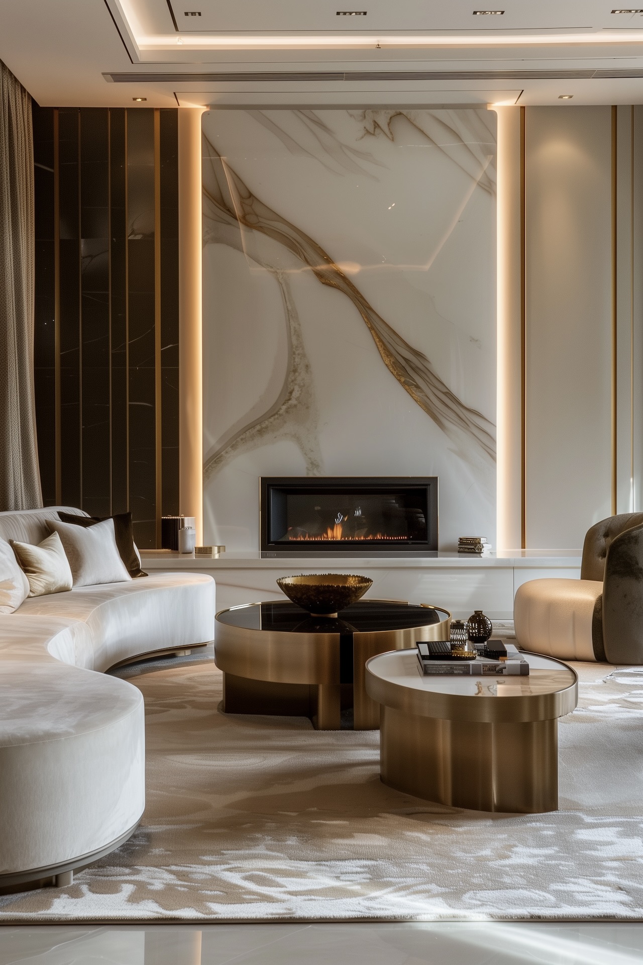 lobby hotel fausse cheminée électricité gaz déco laiton marbre