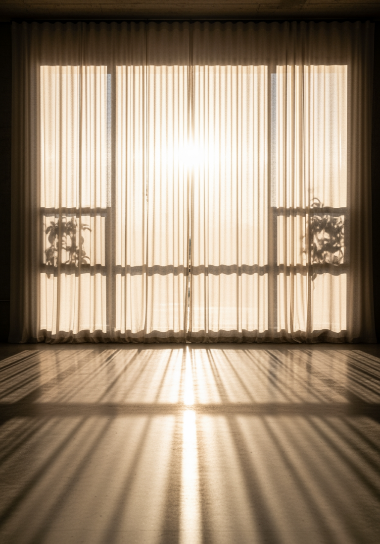 Lumière du soleil chaleureuse traversant des rideaux en lin transparent, illuminant le sol et créant une sensation d'espace et de chaleur.