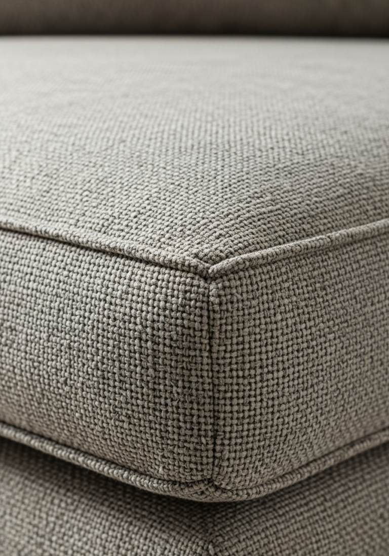 Macro-photographie du tissu texturé d'un canapé, montrant la qualité et la durabilité du revêtement.