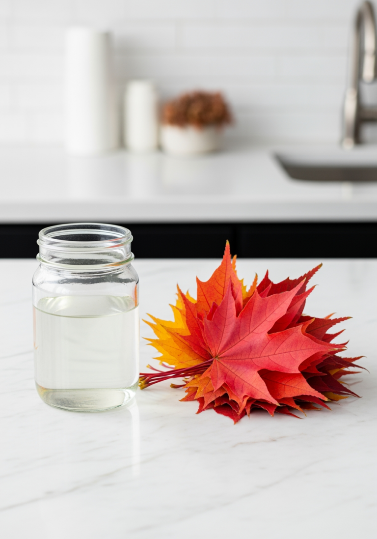 Matériel pour la conservation de feuilles d'automne, avec un bocal de liquide de glycérine à côté de feuilles colorées.