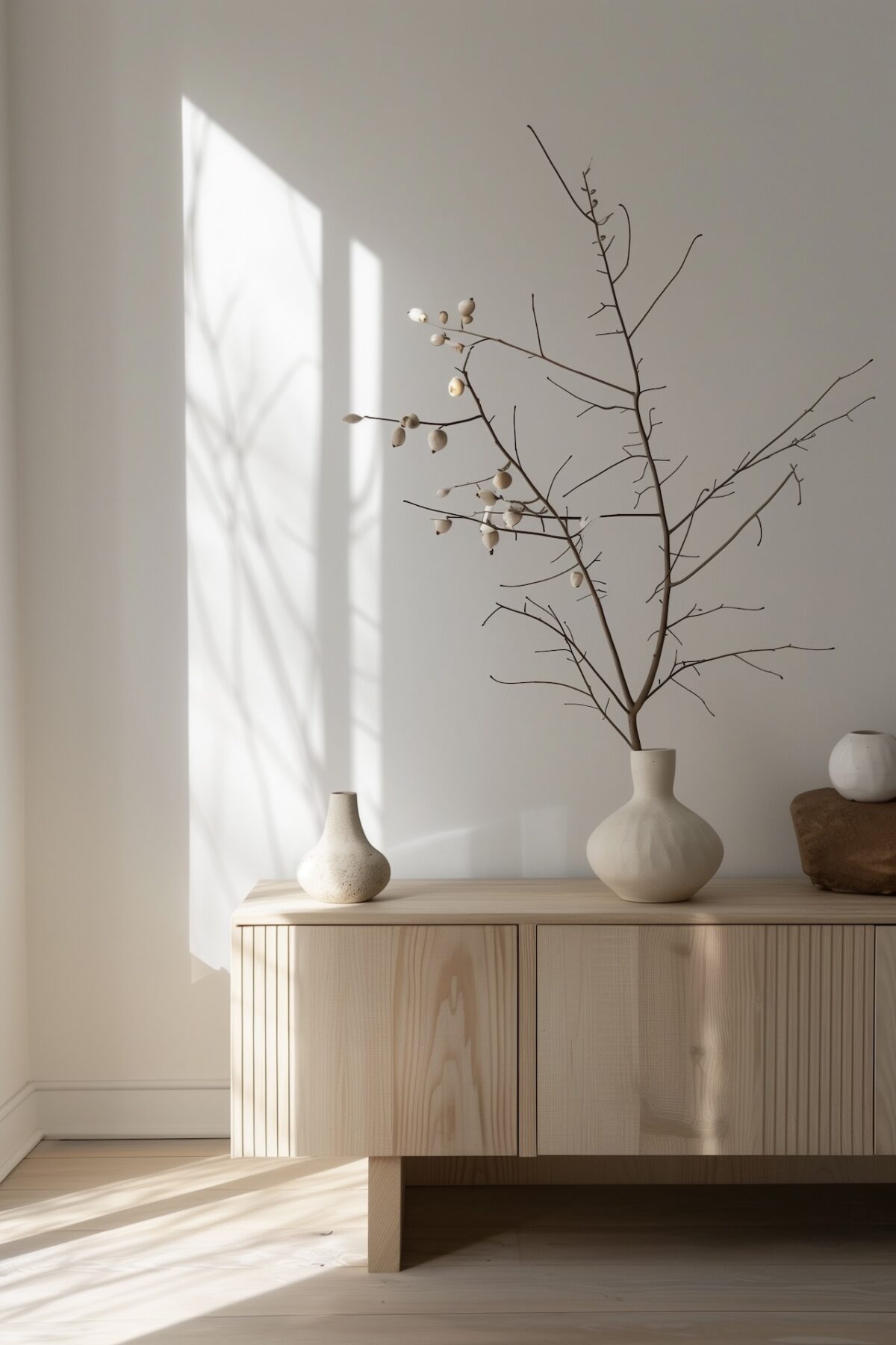 meuble pin blond minimaliste vase céramique