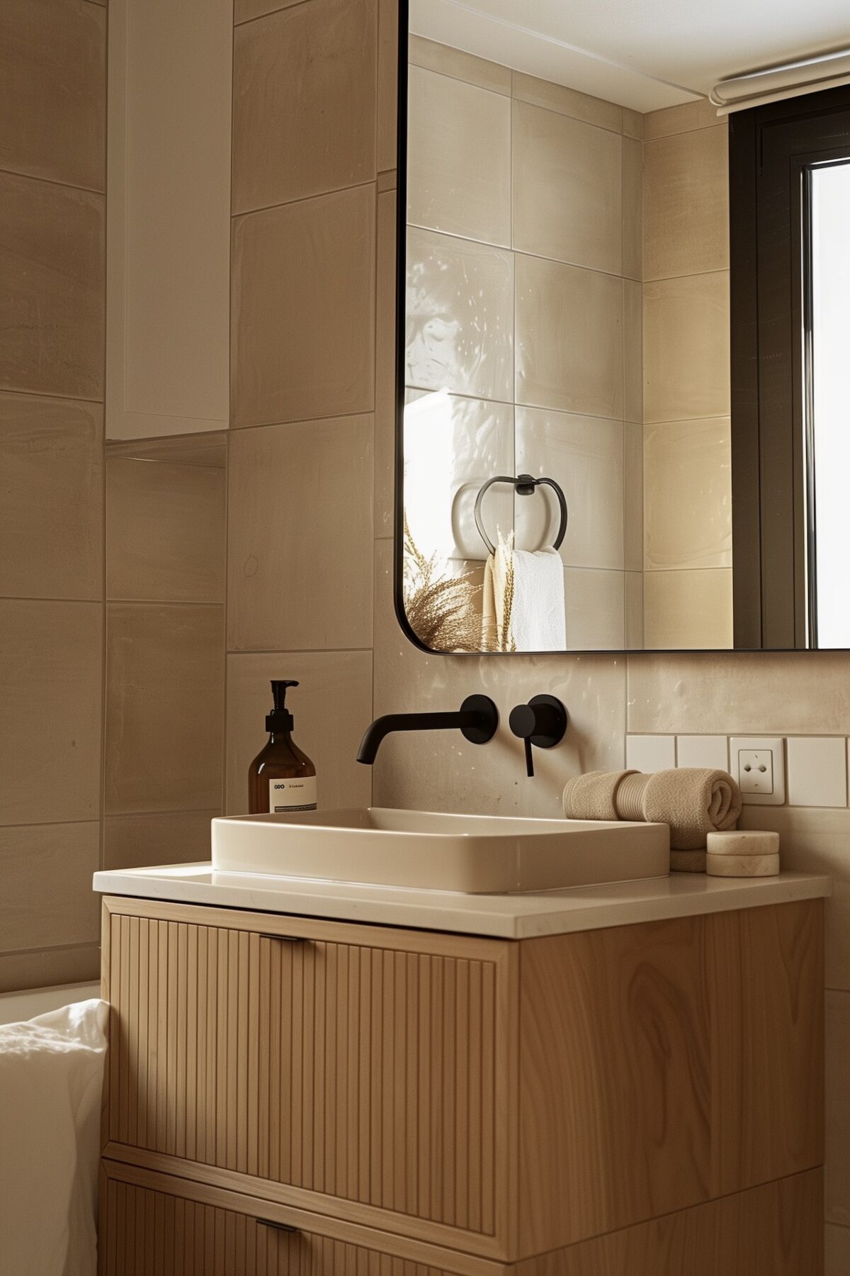 Meuble vasque suspendu en bois cannelé clair avec vasque à poser rectangulaire beige, robinetterie murale noire mate, grand miroir à angles arrondis et cadre noir, carrelage grand format beige nacré