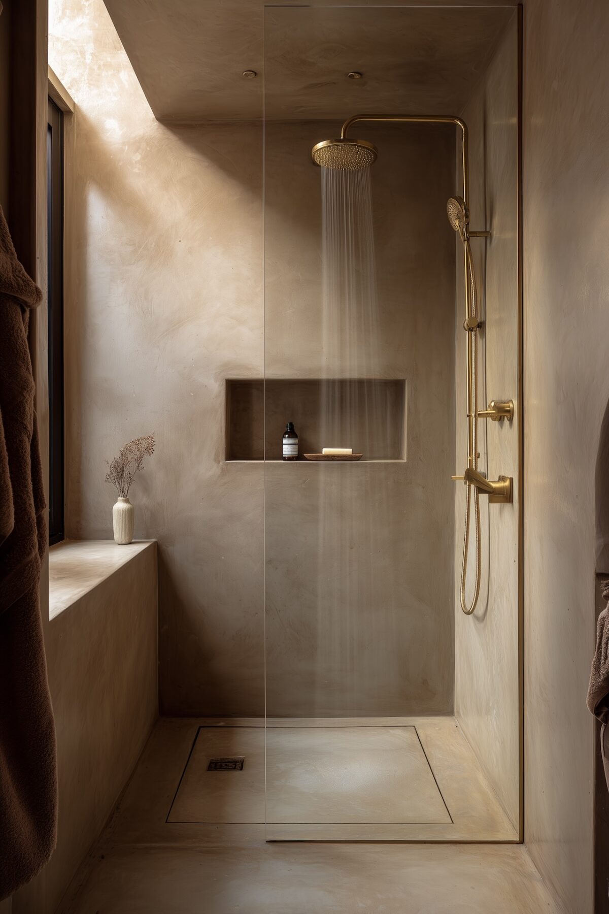 Douche à l'italienne entièrement revêtue de microciment teinte taupe, paroi vitrée sans cadre et robinetterie laiton doré