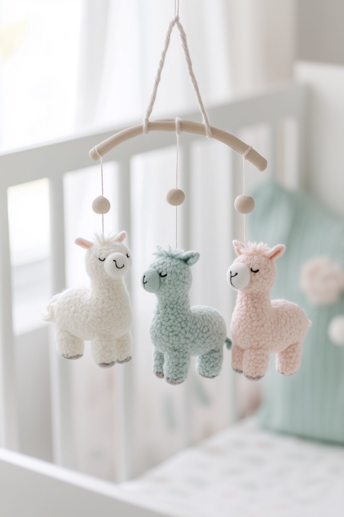 mobile lama crochet pastel blanc mint rose berceau bébé
