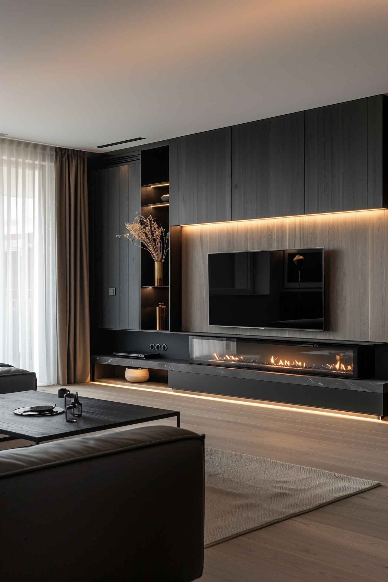 mur multimédia tv suspendue fils cacher poele bois