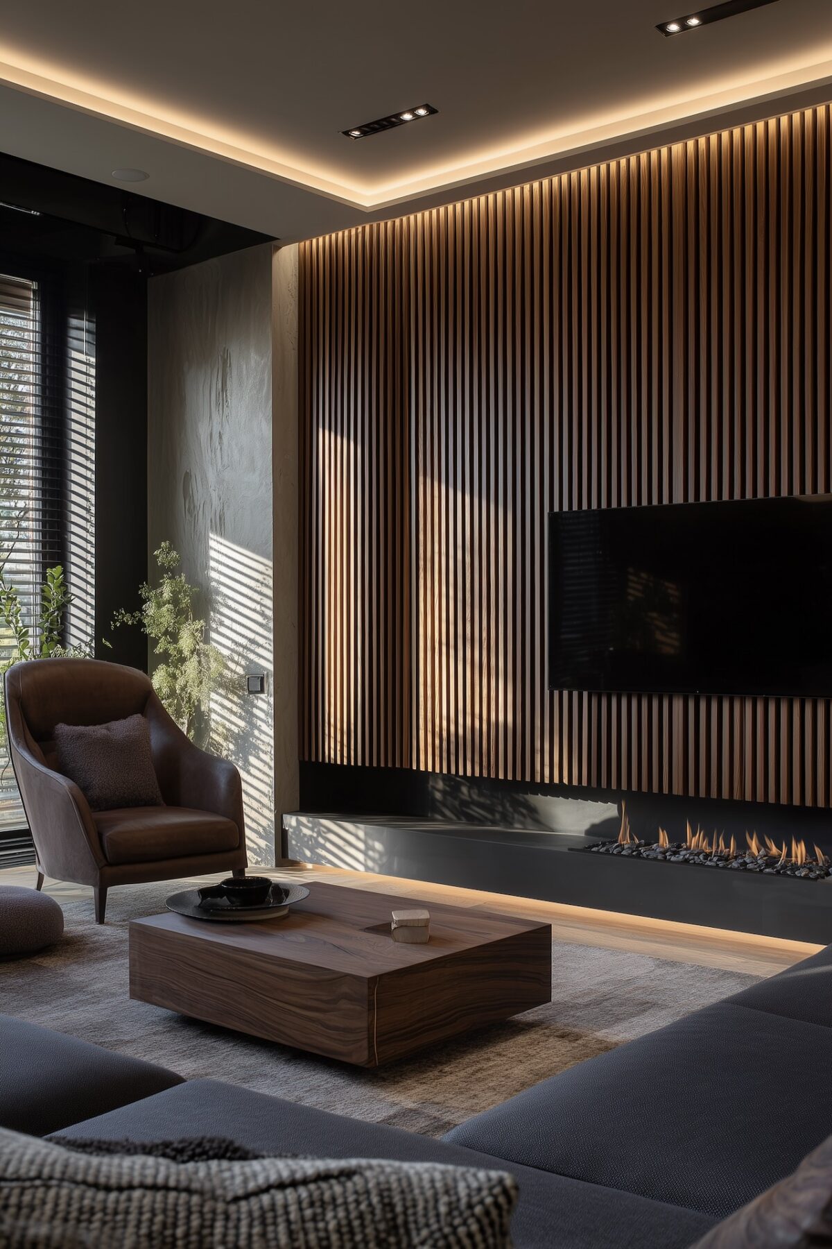 mur tasseaux bois tv cacher fils salon