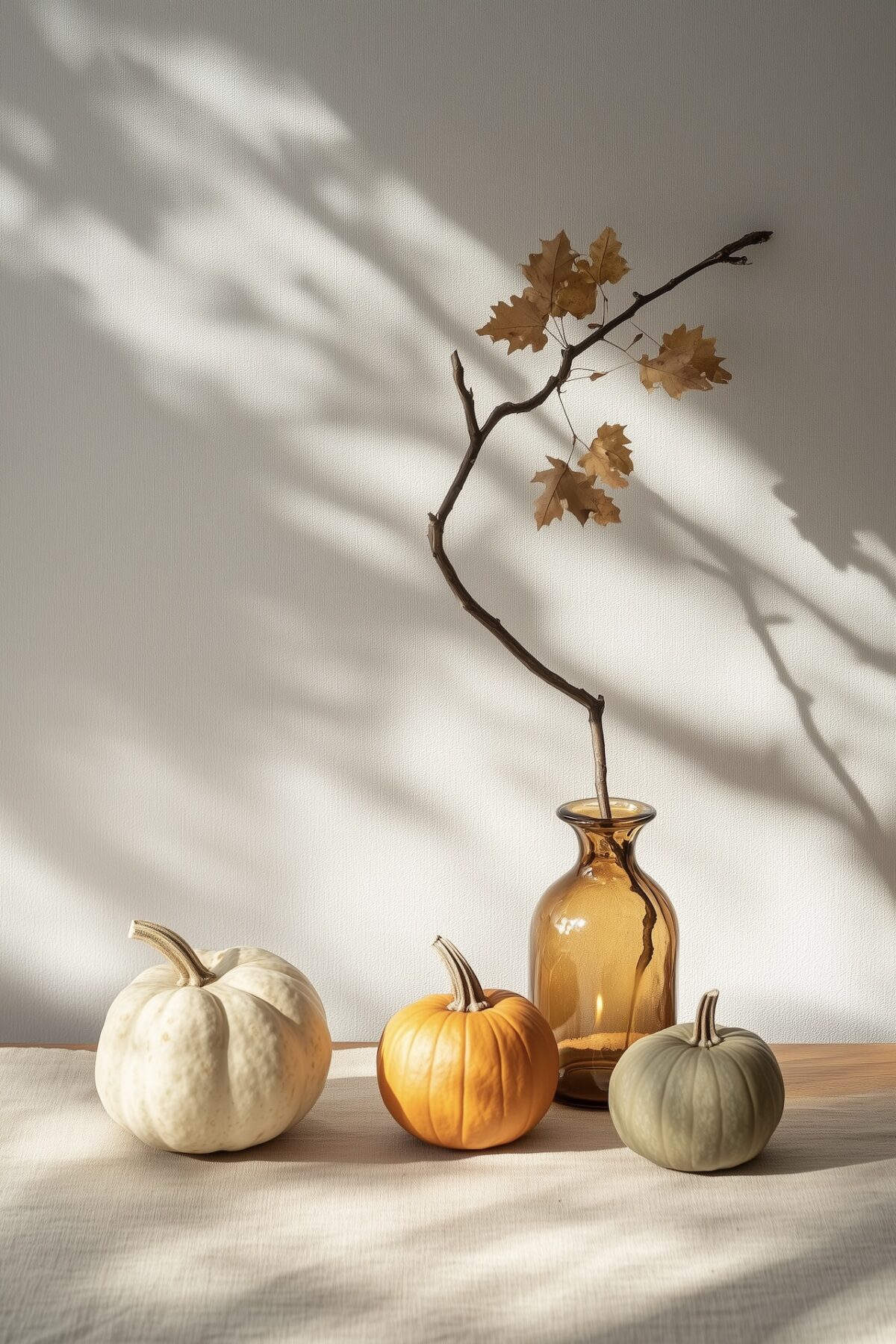 Centre de table minimaliste d'automne sur nappe en lin blanc, trois courges blanc, orange et vert sauge disposées autour d'un vase en verre ambré avec une branche torsadée et quelques feuilles séchées, ombres douces sur mur blanc