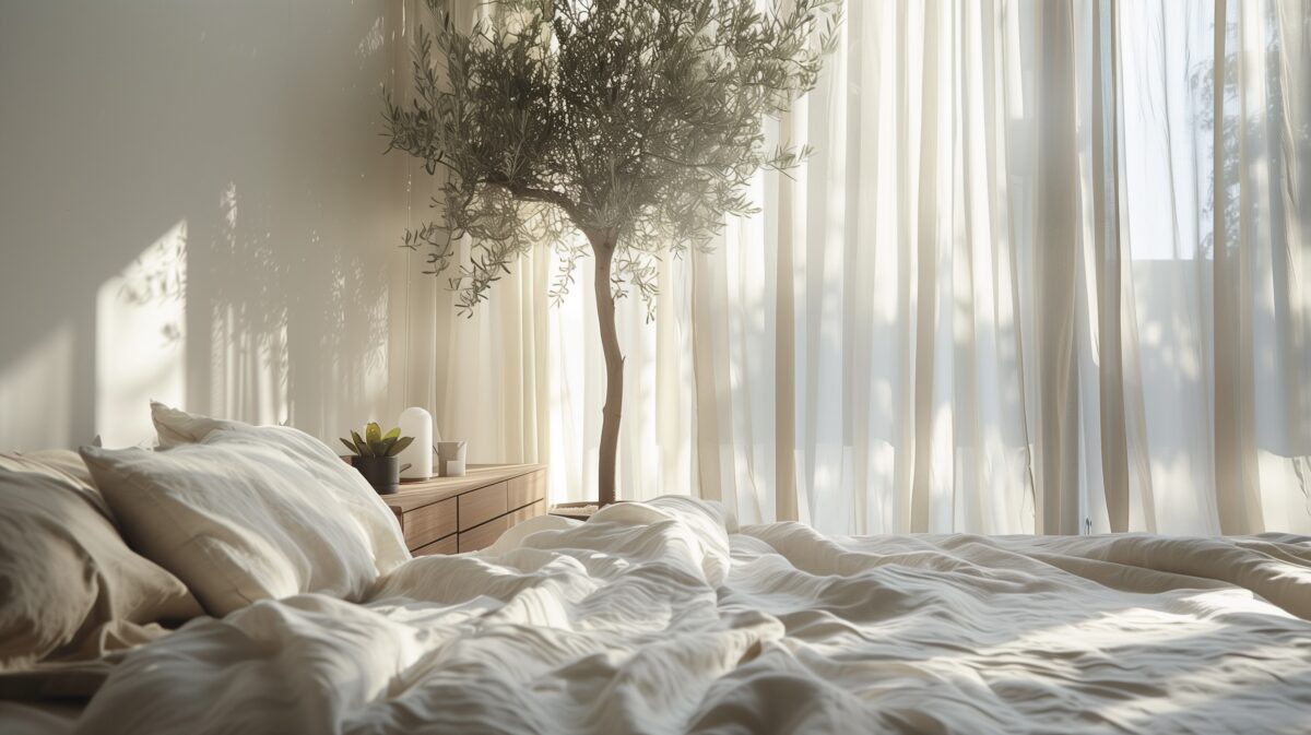 Chambre décorée avec housse de couette en lin sable, table de chevet en bois et lumière naturelle douce, style intérieur français minimaliste
