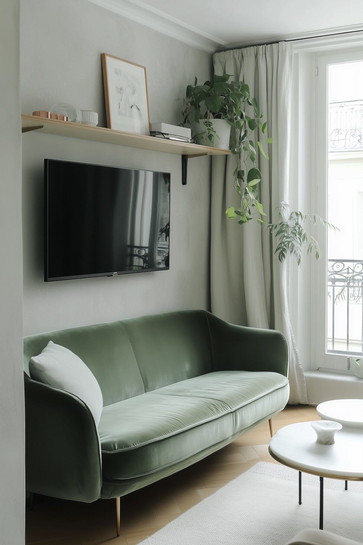 optimiser circulation petit salon canapé vert tv suspendue