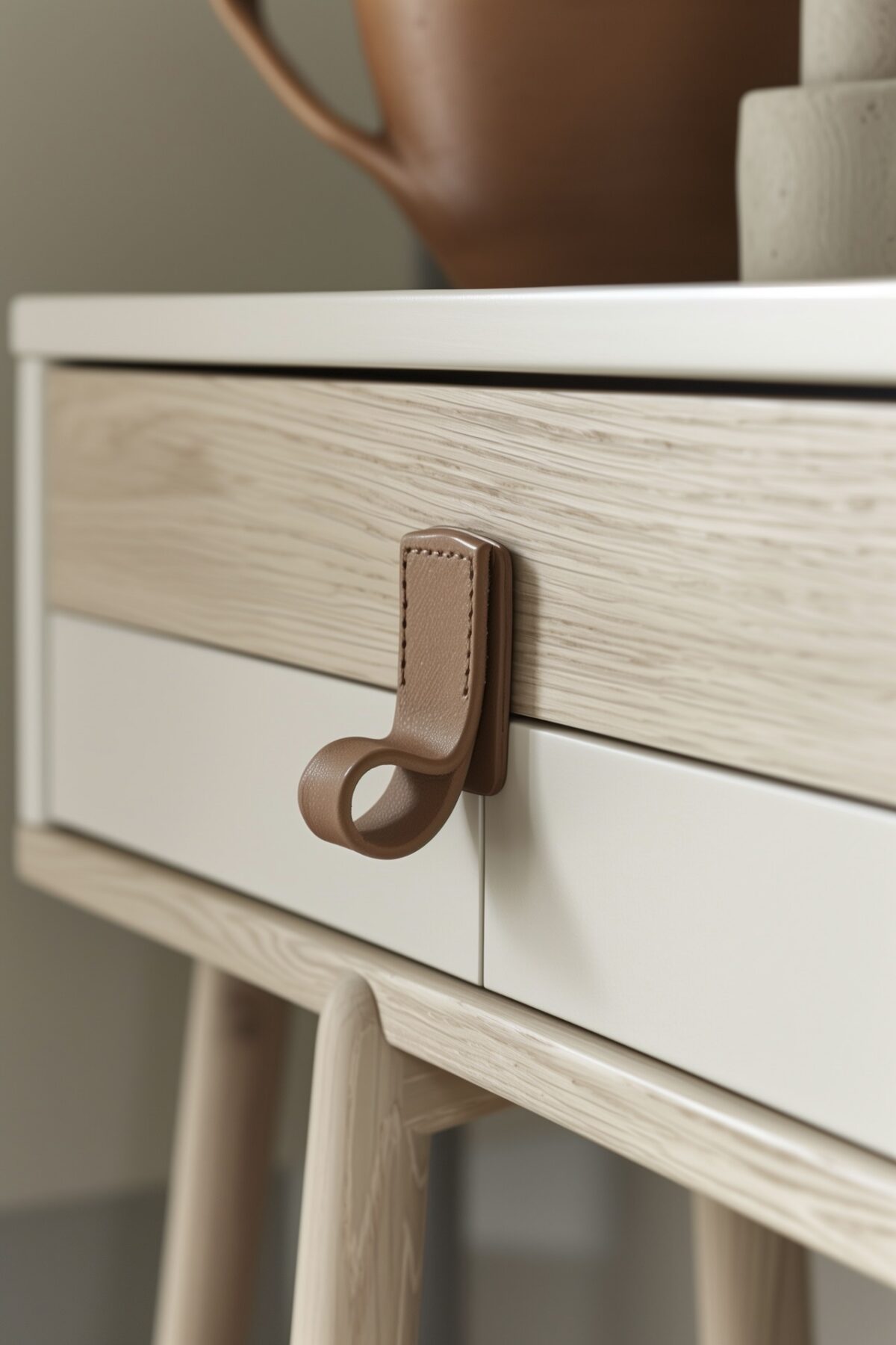poignée cuir meuble scandinave bois clair