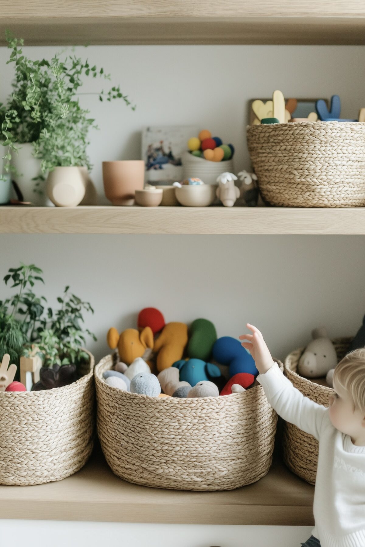 Enfant attrapant un jouet dans un grand panier en osier posé sur une étagère en bois clair, aux côtés de plantes vertes et de petits objets décoratifs