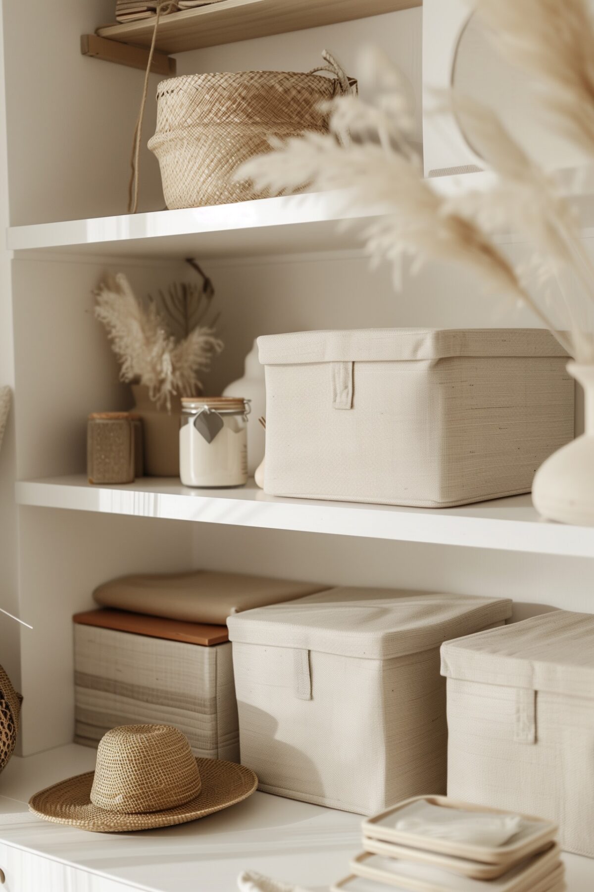 Rangement minimaliste avec boîtes en tissu beige sur étagères blanches, accessoires naturels et ambiance douce et épurée