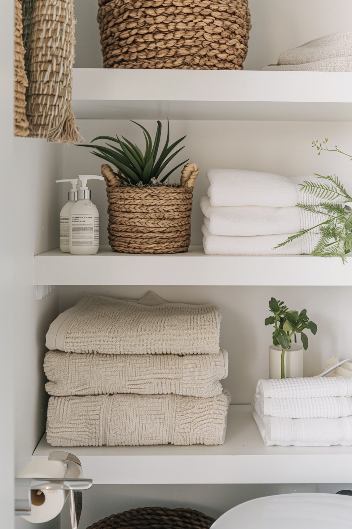 Étagères murales blanches de salle de bain avec serviettes pliées en blanc et écru, panier tressé avec plante grasse, flacons de soins minimalistes et petite plante verte