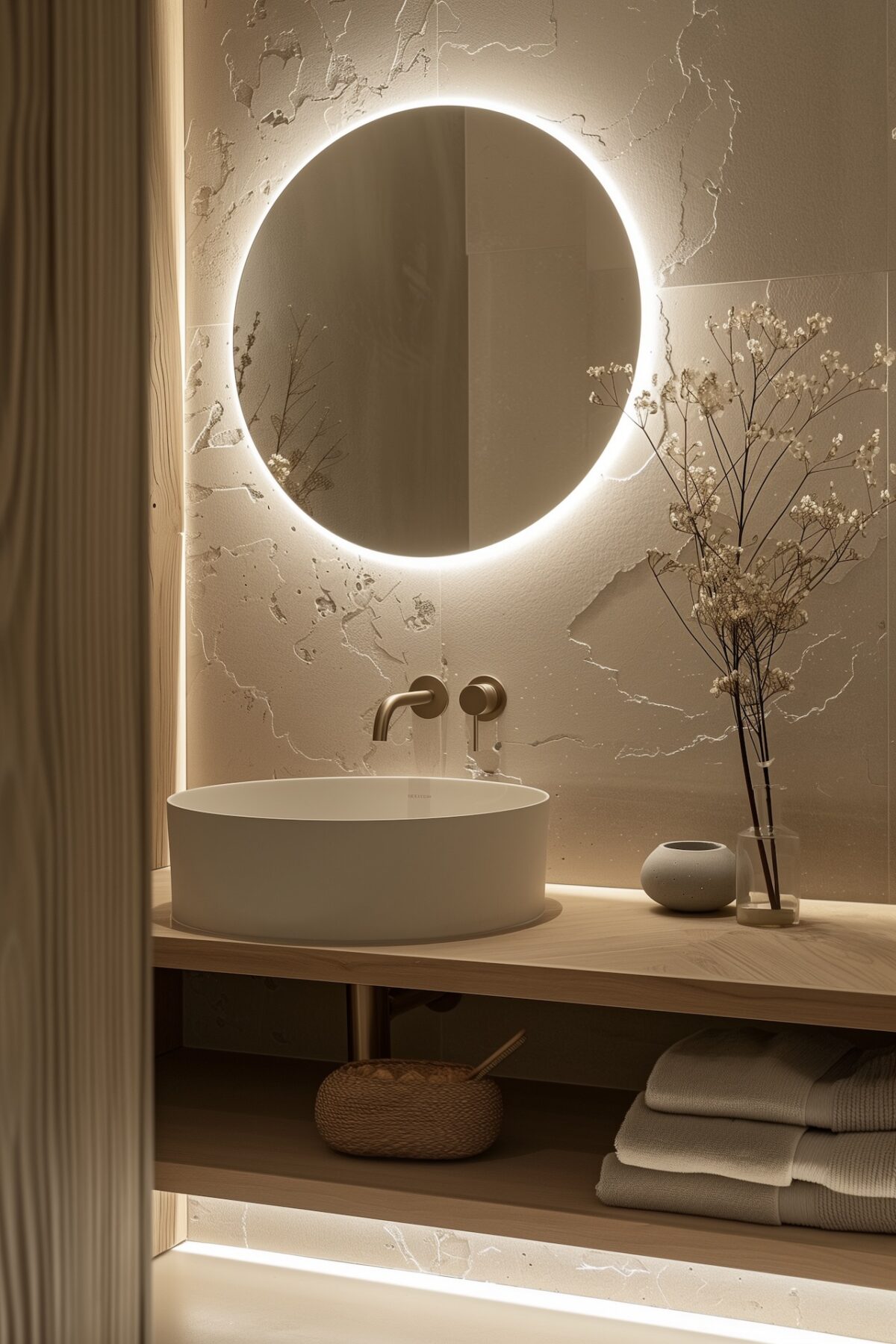 relooker petite salle de bain miroir led rond vasque ronde gypsophile