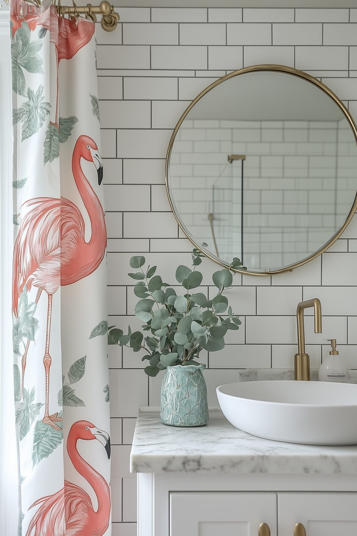 rideaux touche tropical salle de bains rétro blanche dorée