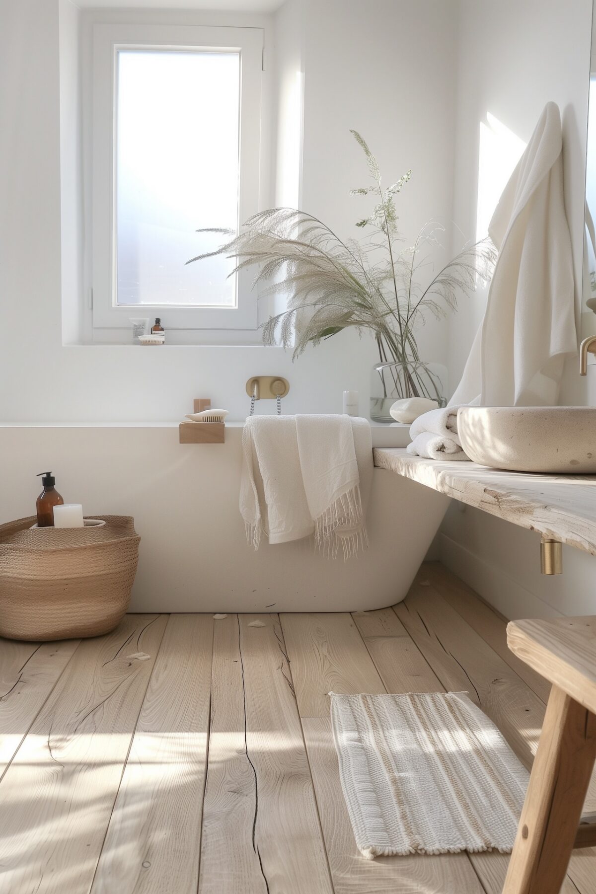 Salle de bain lumineuse avec sol en planches de bois clair, baignoire îlot blanche, plan vasque en bois brut avec bol en pierre, herbes séchées dans un vase en verre et panier en osier