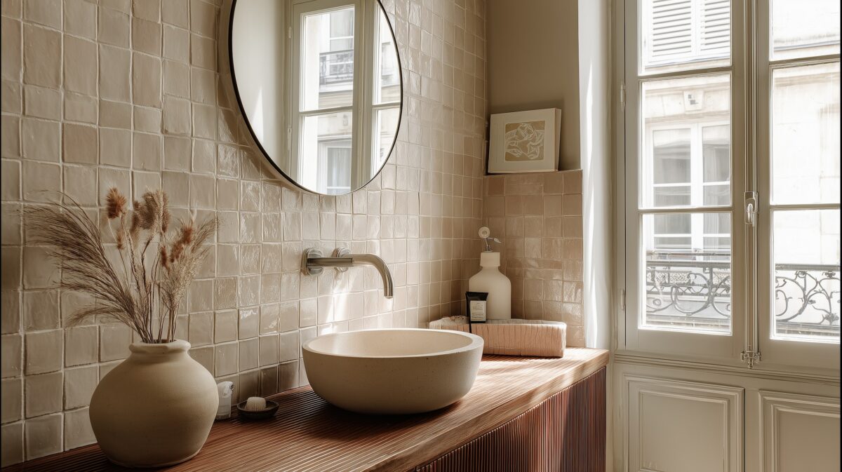 Relooker petite salle de bain parisienne facile budget carrelage zellige beige rosé
