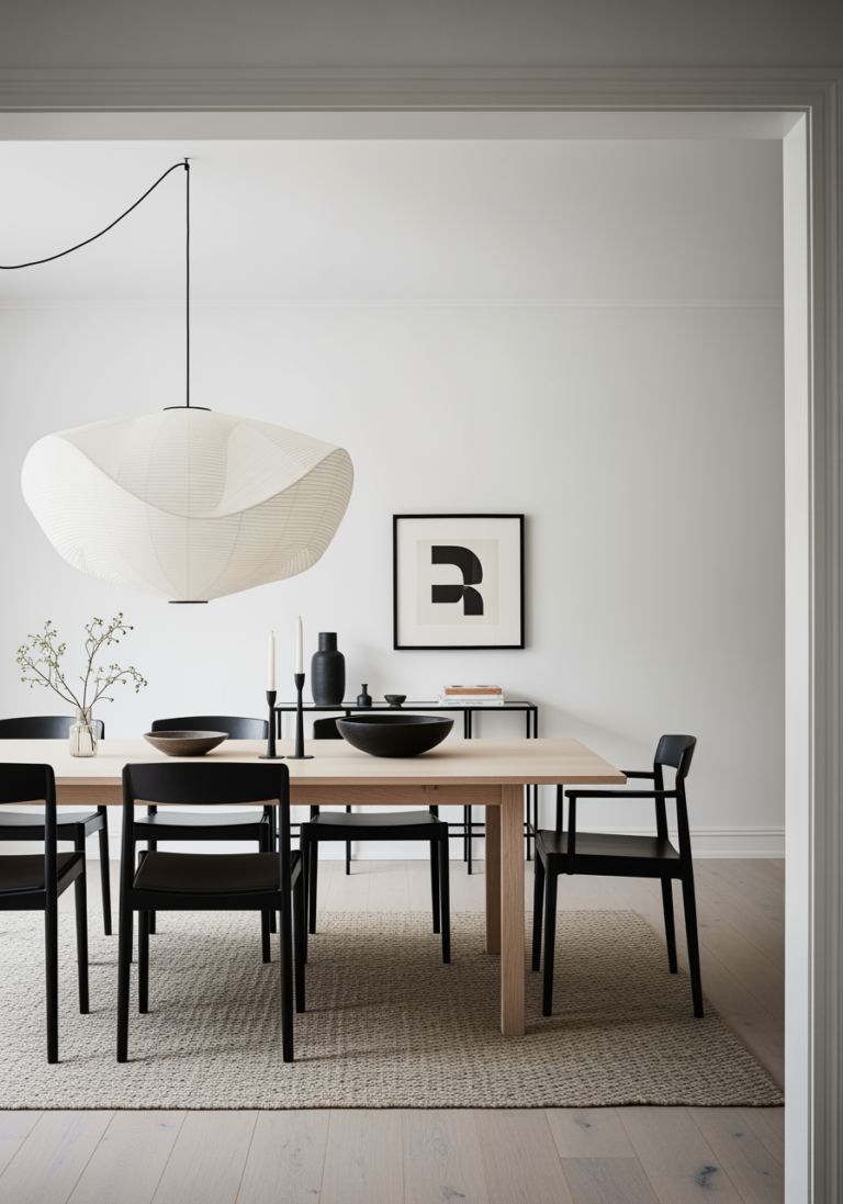 Salle à manger sereine de style Japandi, fusionnant le minimalisme japonais et la chaleur scandinave avec des meubles en bois clair et des accents noirs.