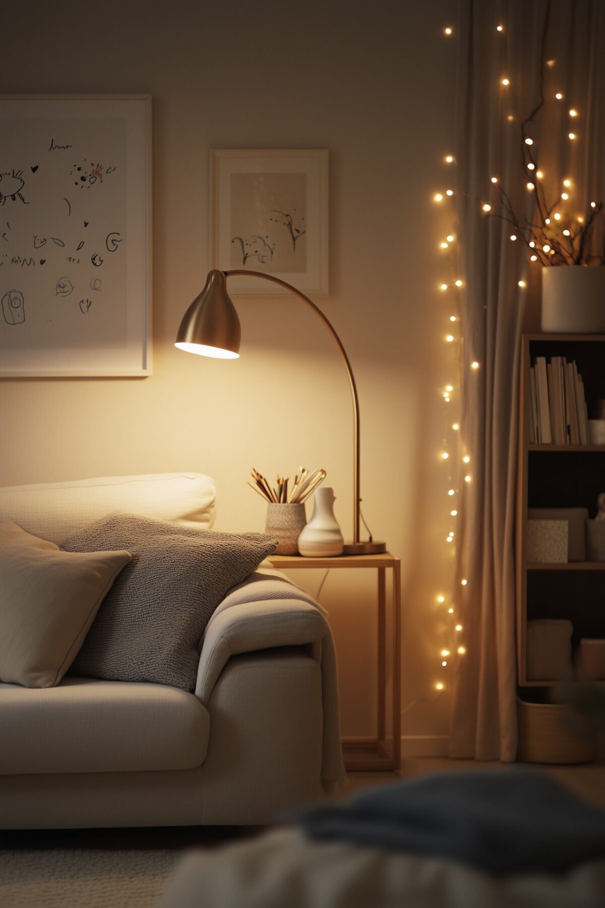 Salon familial le soir avec lampe arc en laiton éclairant un canapé bouclé crème, guirlande lumineuse le long du rideau, dessins d'enfants encadrés au mur