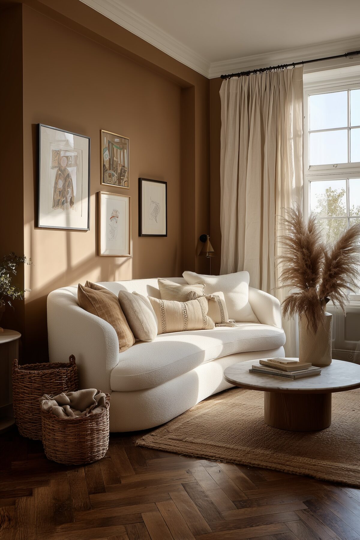 Salon familial avec mur d'accent brun chocolat, canapé arrondi en bouclé blanc, table basse ronde en marbre et bois, herbe de la pampa et dessins encadrés