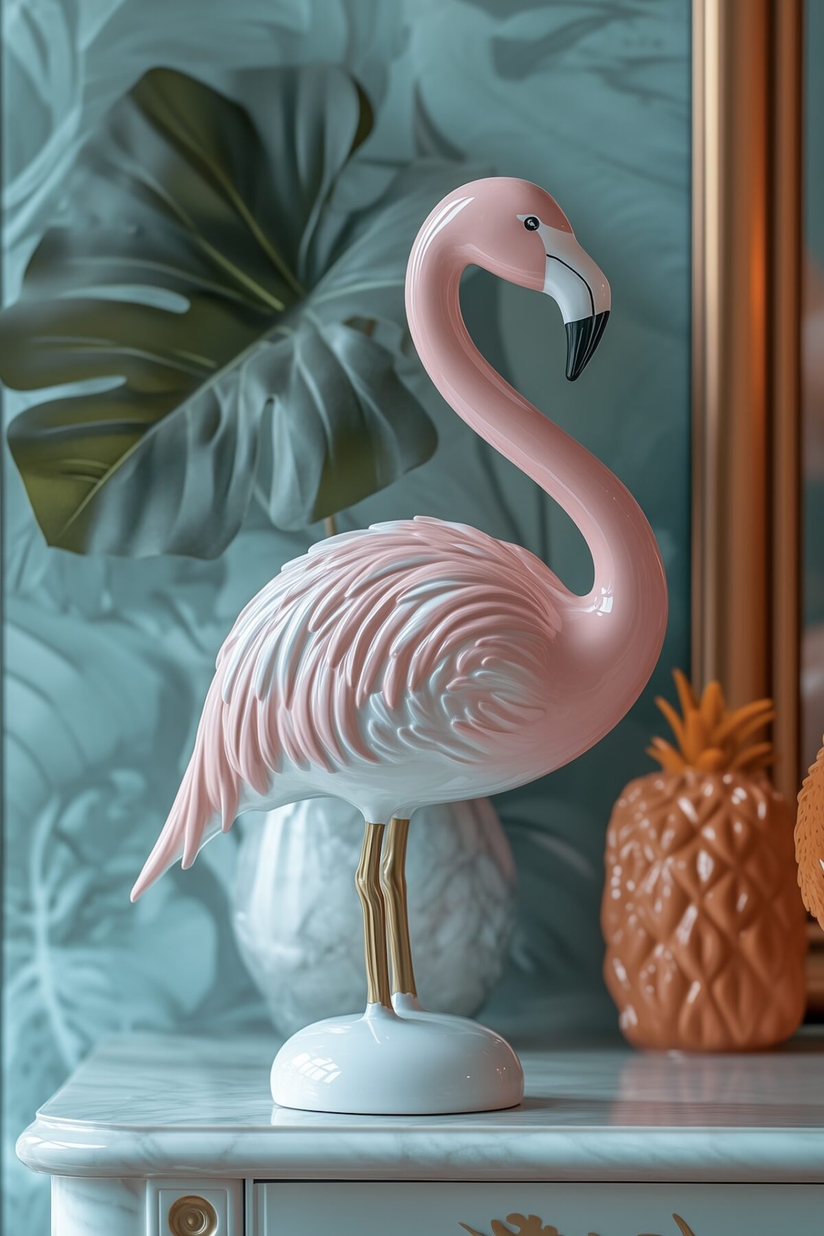 statuette flamant rose décoration vert menthe cheminée marbre