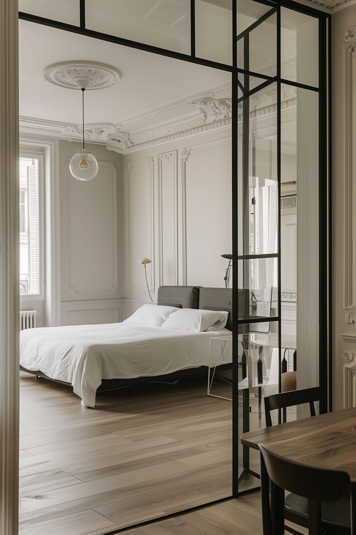 Appartement parisien avec verrière atelier séparant la chambre, lit blanc minimaliste et parquet clair, style contemporain et lumineux
