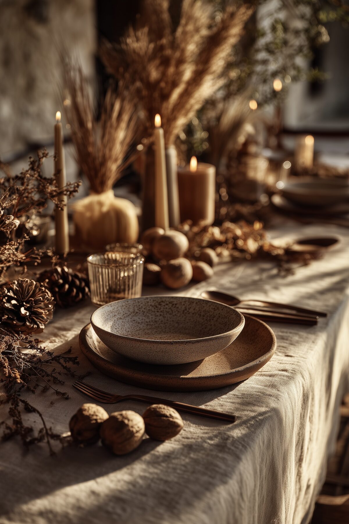 Art de la table automnal avec assiettes en céramique artisanale, couverts en laiton, noix et pommes de pin disposés sur nappe en lin froissé, bougies allumées et herbes séchées en fond, lumière chaude dorée