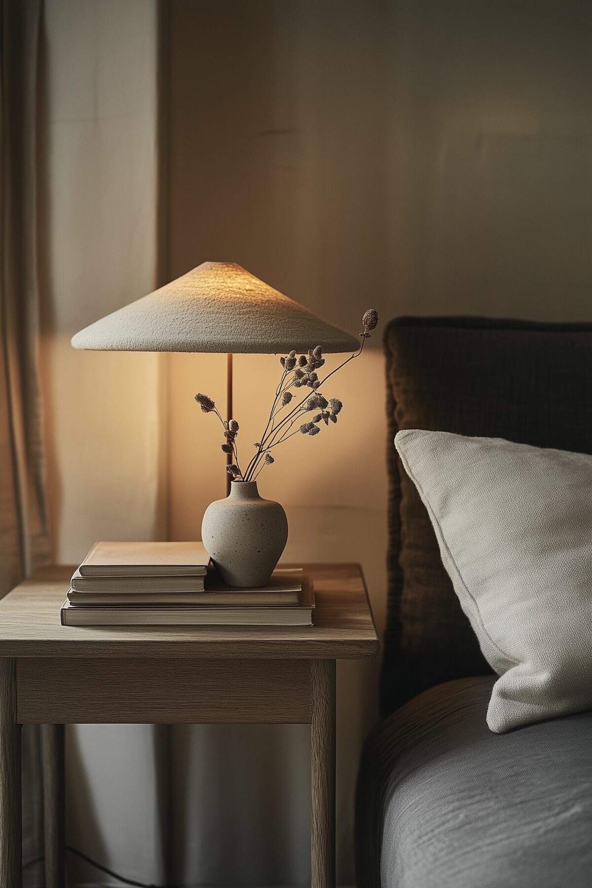 table chevet bois lampe design ambiance chaleureuse