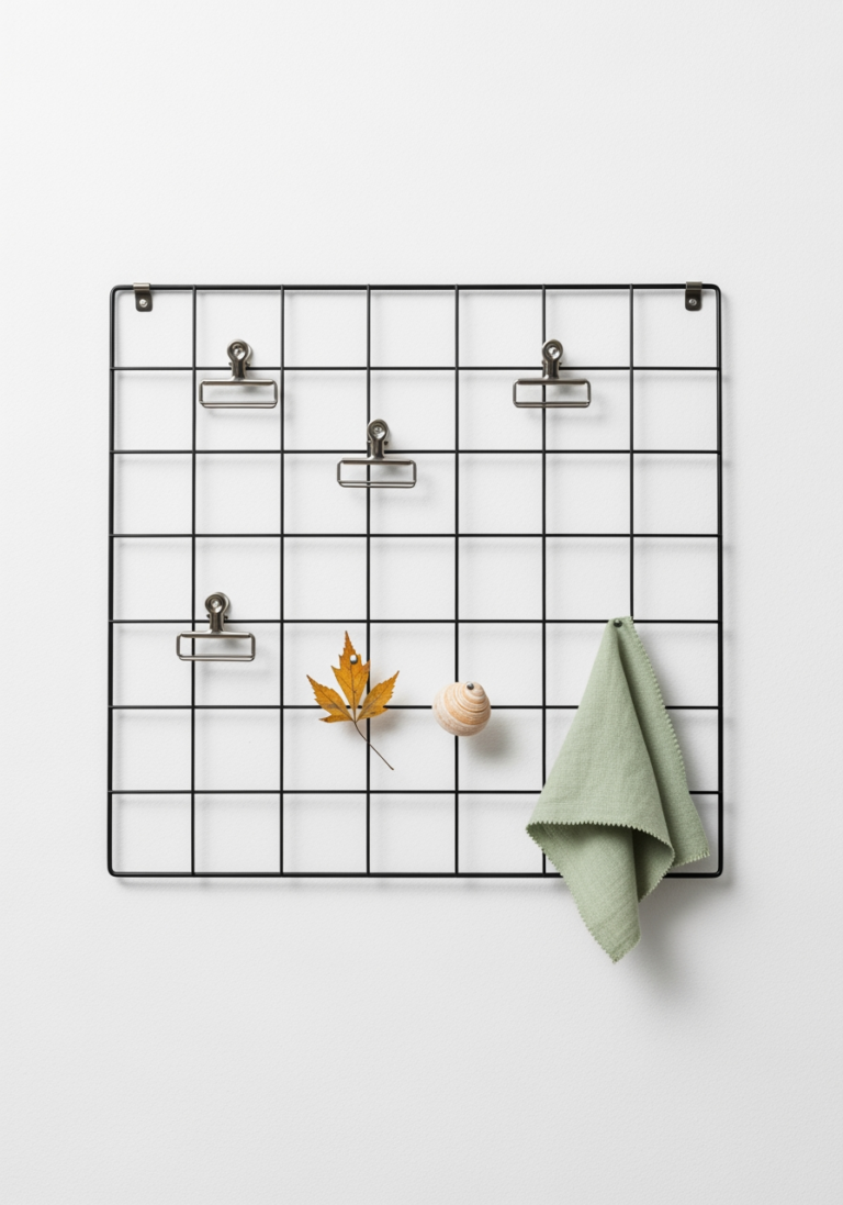 Tableau d'humeur avec des objets saisonniers épinglés (feuille, coquillage, tissu), représentant un calendrier de décoration annuel.
