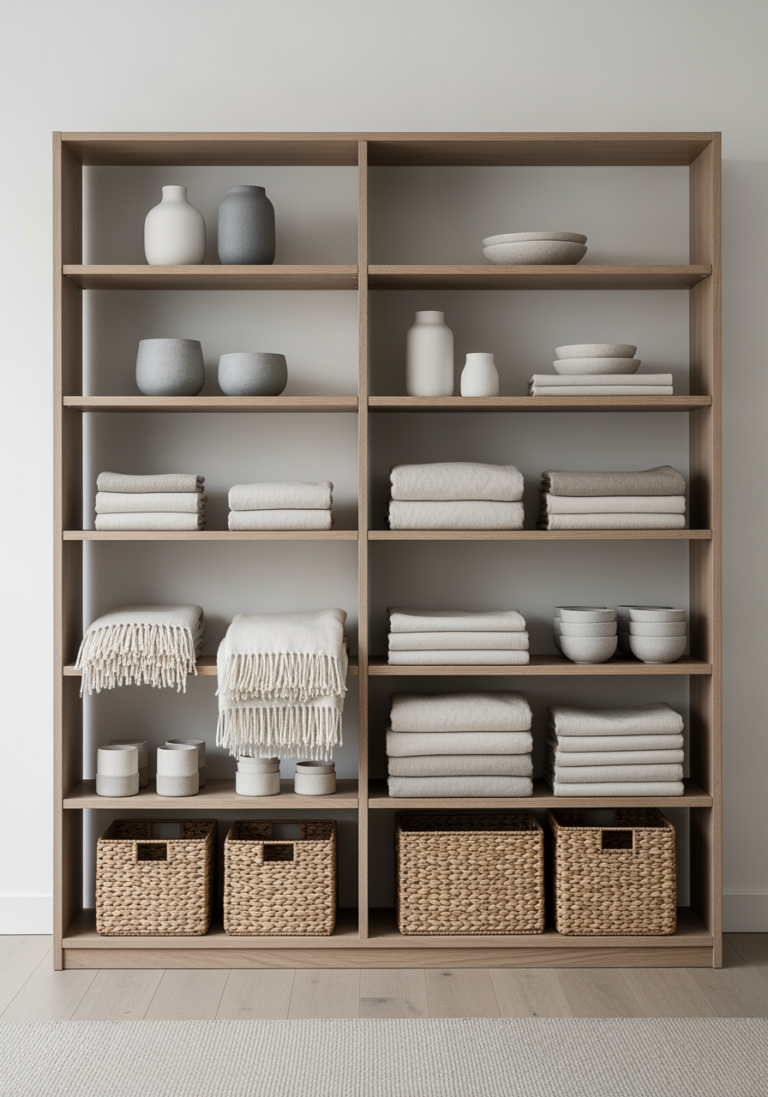 Étagère en bois organisée avec des articles de décoration intemporels de couleur neutre, formant un kit de base pour la déco.