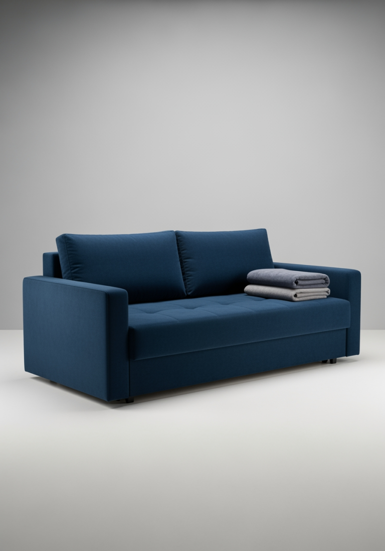 Un canapé-lit convertible bleu marine, élégant et fermé, dans un décor minimaliste représentant le choix final.