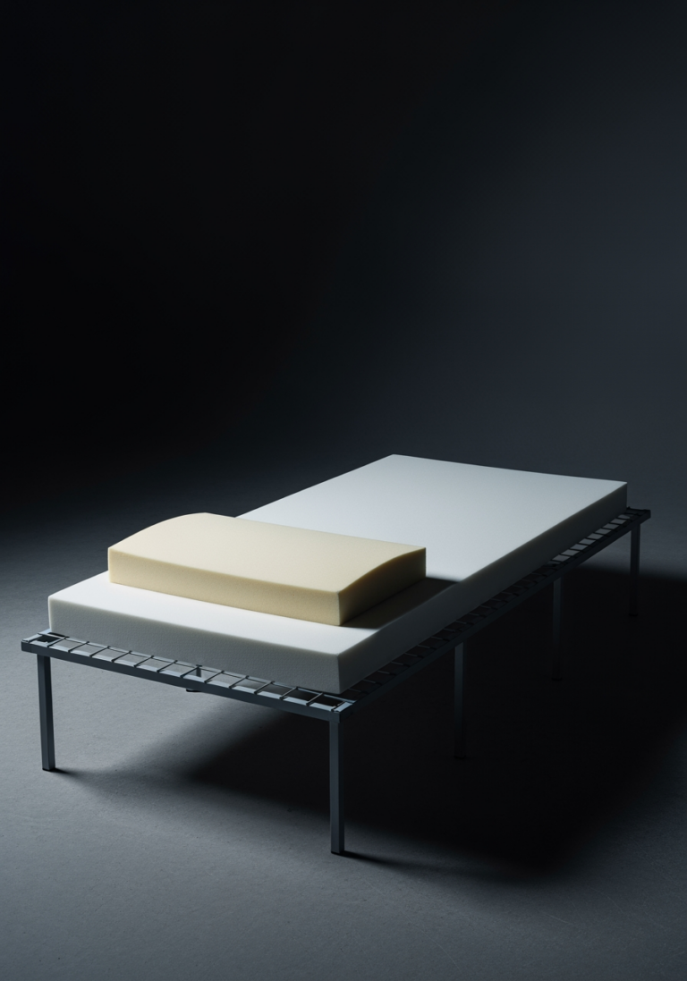 Un matelas fin et de mauvaise qualité sur un sommier en grille métallique, illustrant un couchage d'appoint inconfortable.