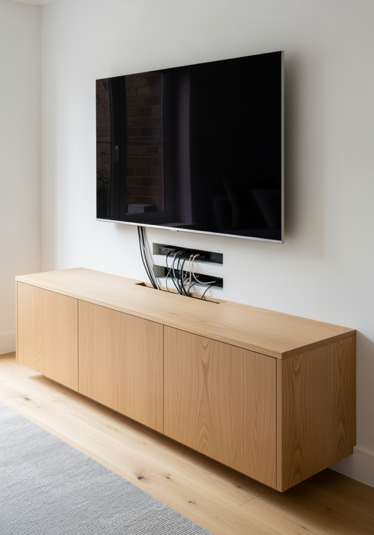 Un meuble TV intégré sur mesure avec un système de gestion des câbles, offrant une solution durable et élégante.