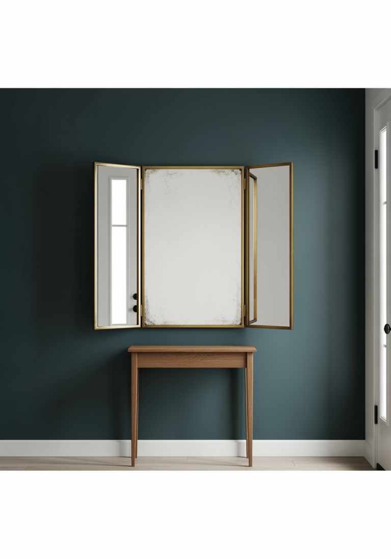 Un miroir de barbier triptyque vintage avec un cadre en laiton, accroché sur un mur sombre dans une entrée, utilisé comme un objet de décoration sculptural.