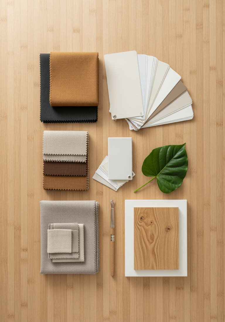 Un plan d'action déco en vue de dessus, avec des échantillons de tissus, de couleurs et de bois, symbolisant la planification d'un projet.