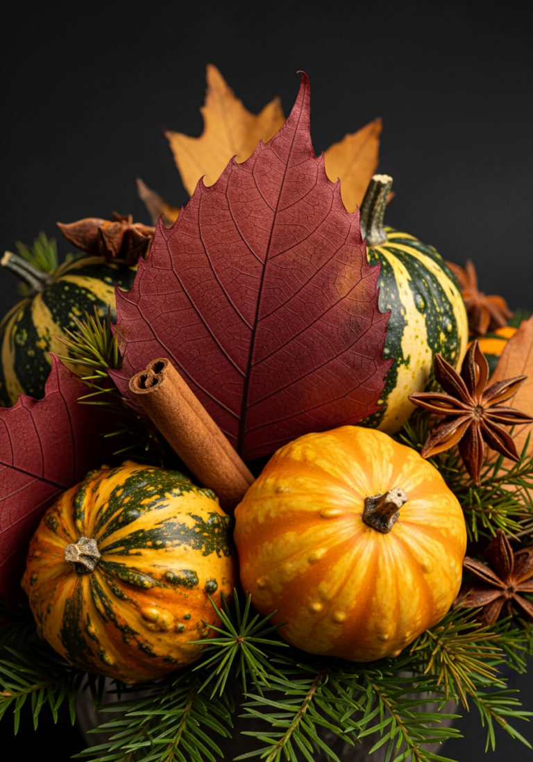 Un plan macro révélant les textures détaillées d'un centre de table d'automne, montrant une feuille, une courge et un bâton de cannelle.