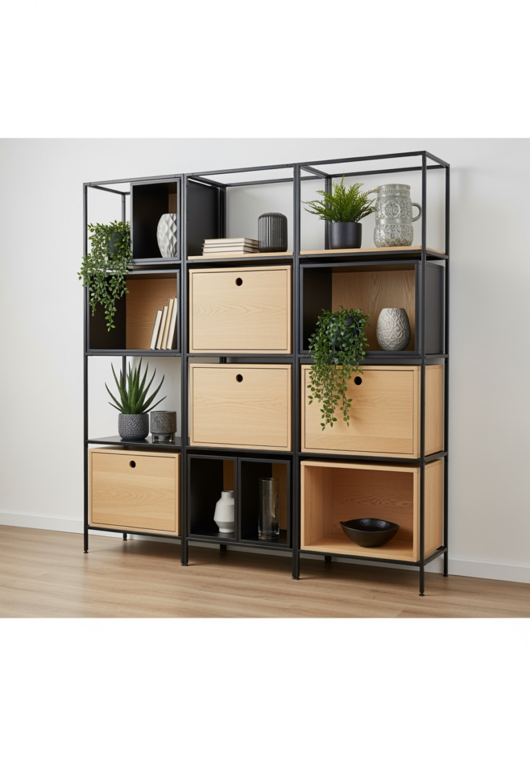 Un système d'étagères modulables avec des espaces vides, symbolisant une décoration qui peut évoluer avec le temps.