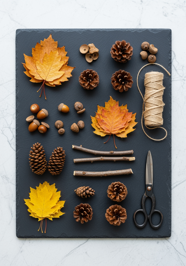 Une collection d'éléments naturels d'automne comme des feuilles et des pommes de pin, prêts pour un projet de bricolage.