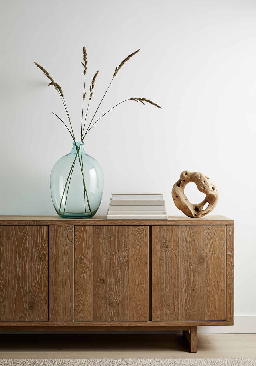 Une composition décorative économique sur un buffet, avec un vase de graminées séchées et un objet en bois flotté, créant un effet 'waouh'.